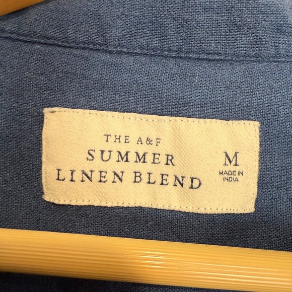 Abercrombie & Fitch Summer Linen Blend Shirt Mens Medium Fish Embroidered Navy - Picture 8 of 14